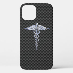 Chrome Caduceus Medical Symbol Carbon Fiber Print iPhone 12 Pro Case