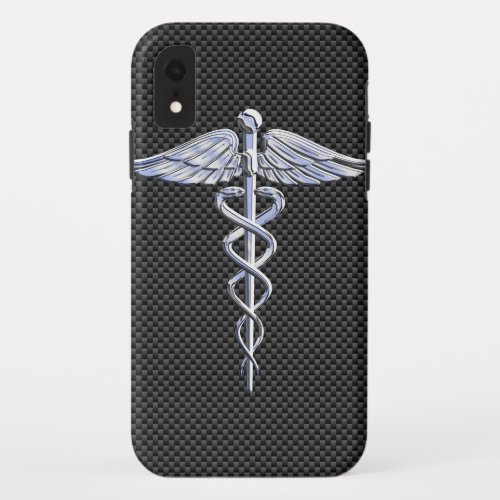 Chrome Caduceus Medical Symbol Carbon Fiber Print iPhone XR Case