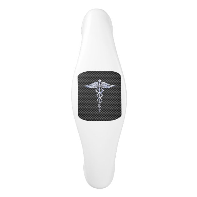 Chrome Caduceus Medical Symbol Carbon Fiber Print Ceramic Cabinet Pull (Front)