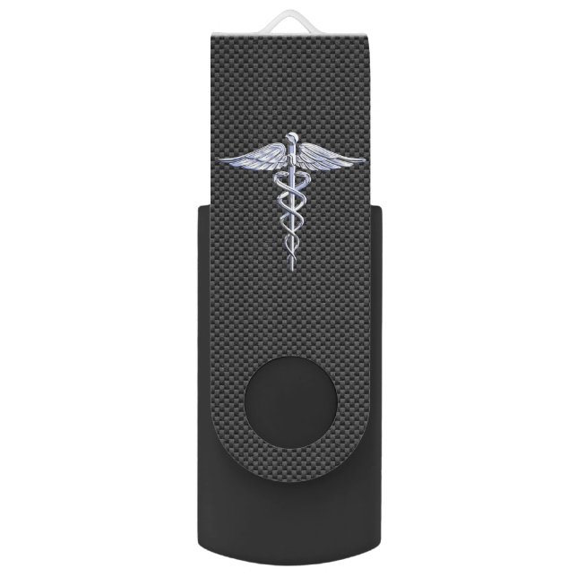 Chrome Caduceus Medical Symbol Carbon Fiber Print Flash Drive (Front Vertical)