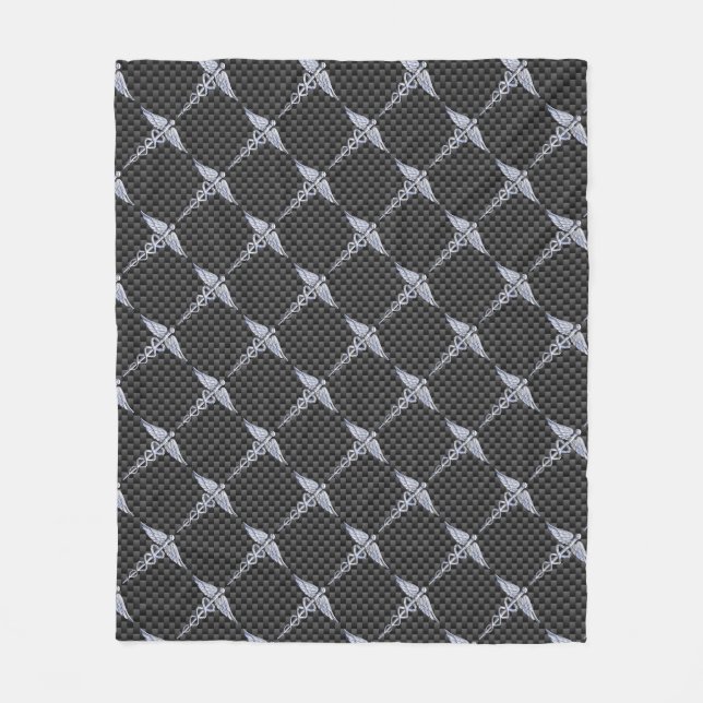 Chrome Caduceus Medical Symbol Carbon Fiber Print Fleece Blanket (Front)