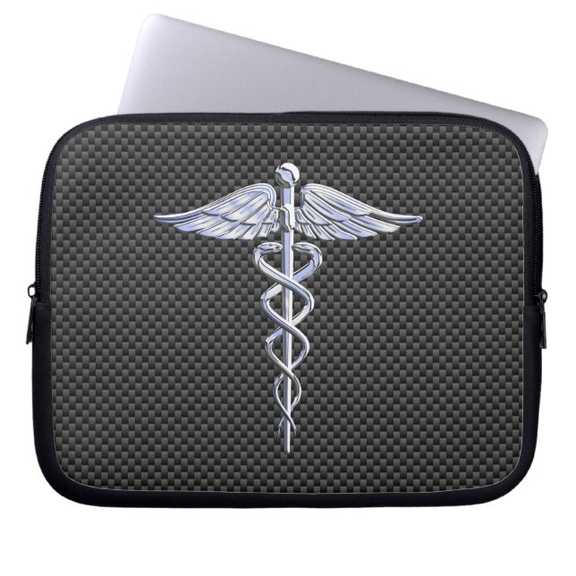 Chrome Caduceus Medical Symbol Carbon Fiber Print Laptop Sleeve (Front)