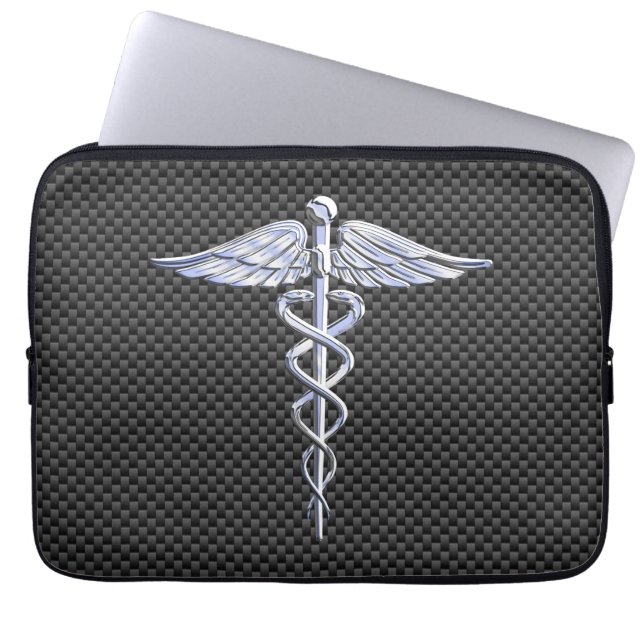 Chrome Caduceus Medical Symbol Carbon Fiber Print Laptop Sleeve (Front)
