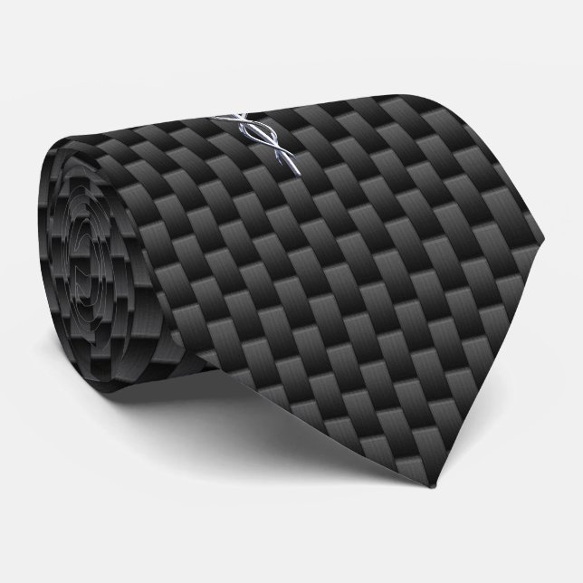 Chrome Caduceus Medical Symbol Carbon Fiber Print Neck Tie (Rolled)