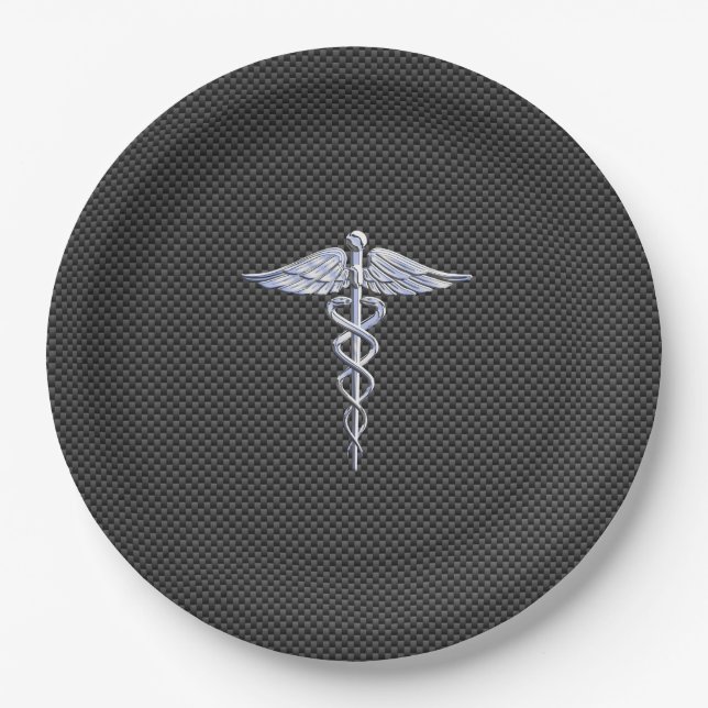 Chrome Caduceus Medical Symbol Carbon Fiber Print Paper Plates (Front)