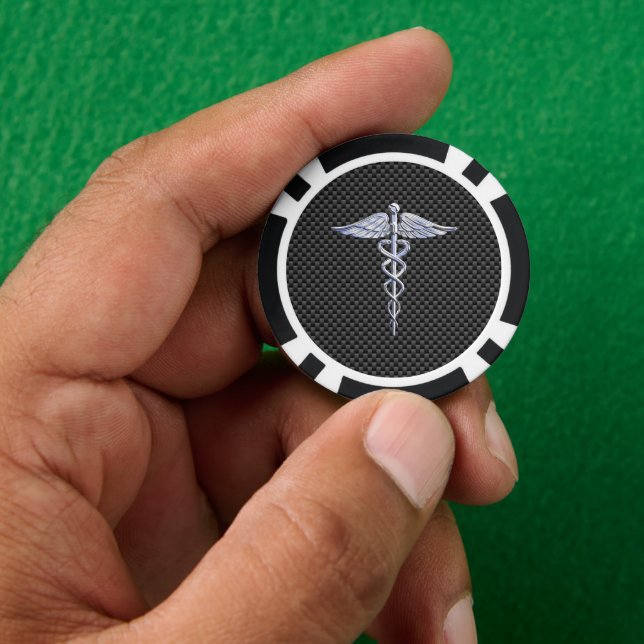 Chrome Caduceus Medical Symbol Carbon Fiber Print Poker Chips (Hand)