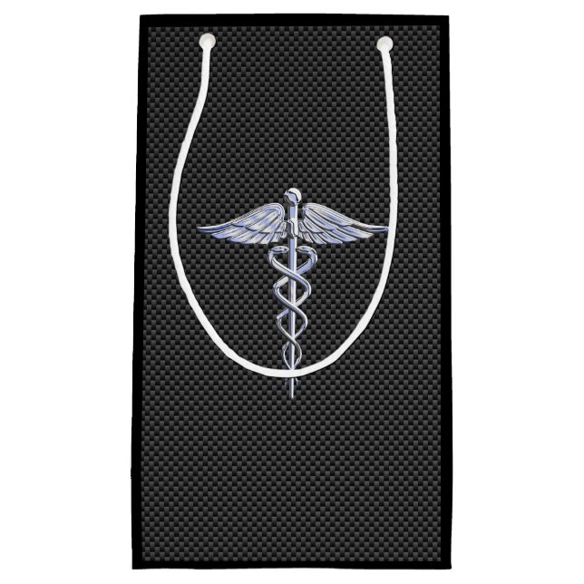 Chrome Caduceus Medical Symbol Carbon Fiber Print Small Gift Bag (Front)