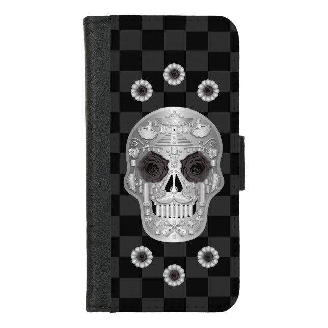 Chrome Calavera (Black Rose) iPhone Wallet Case (Front)