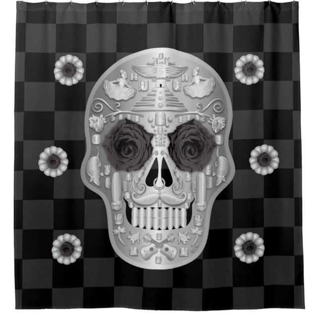 Chrome Calavera (Black Rose) Shower Curtain (Front)