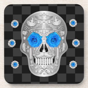 Chrome Calavera (Blue Rose) Beverage Coaster