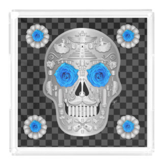 Chrome Calavera (Blue Rose) Beverage Coaster Acrylic Tray