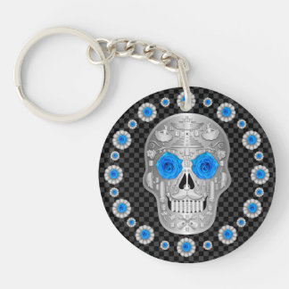 Chrome Calavera (Blue Rose) Keychain
