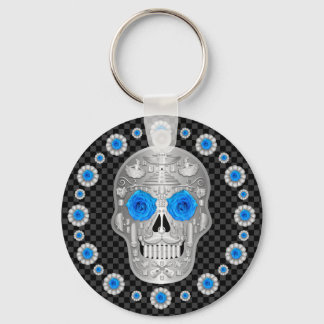 Chrome Calavera (Blue Rose) Keychain