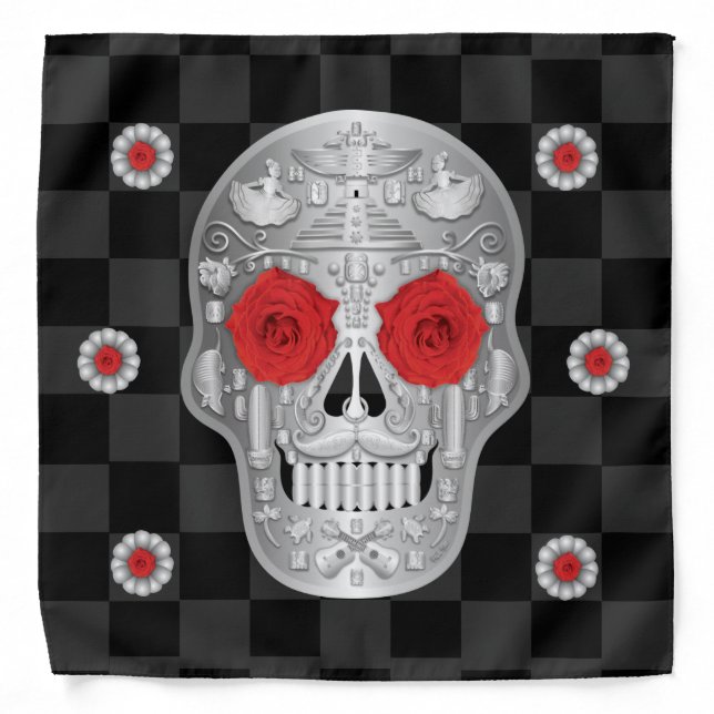 Chrome Calavera (Red Rose) Bandana (Front)