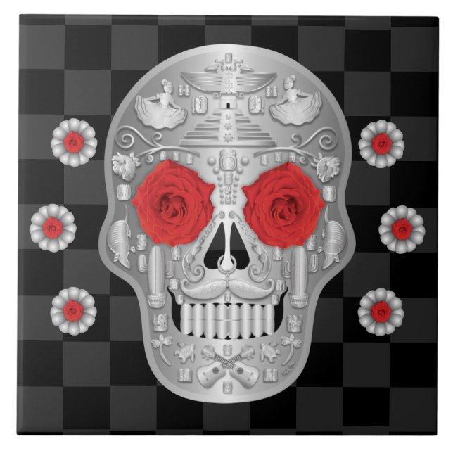 Chrome Calavera (Red Rose) Ceramic Tile (Front)