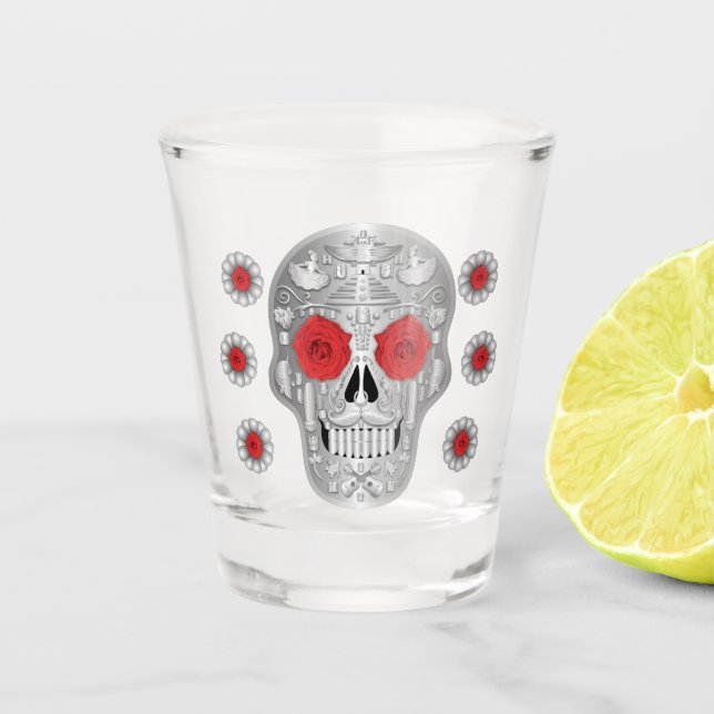Chrome Calavera (Red Rose) Shot Glass (Front)
