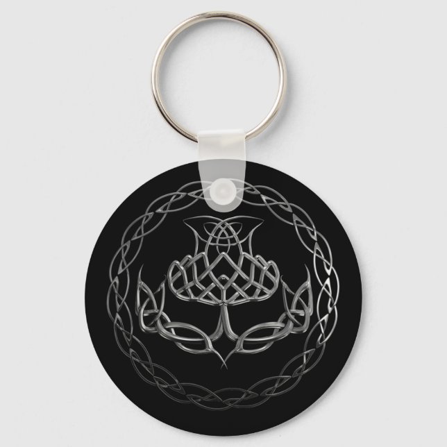 Chrome Celtic Knot Thistle Keychain (Front)