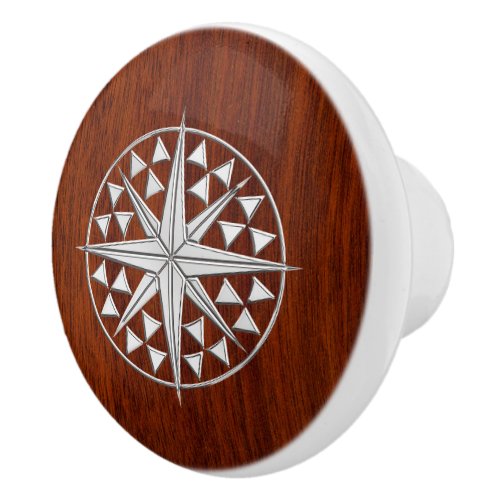Chrome Compass on Nautical Mahogany Grain Print Ceramic Knob