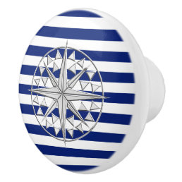 Chrome Compass on Nautical Navy Blue Stripes Print Ceramic Knob