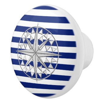 Chrome Compass On Nautical Navy Blue Stripes Print Ceramic Knob by CaptainShoppe at Zazzle
