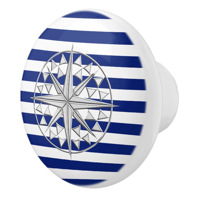 Chrome Compass on Nautical Navy Blue Stripes Print Ceramic Knob (Right)