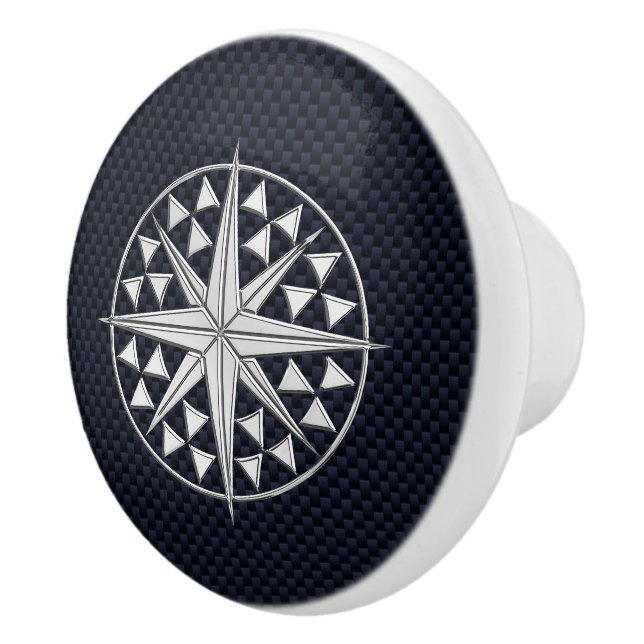 Chrome Compass on Nautical Navy Carbon Fiber Print Ceramic Knob (Right)