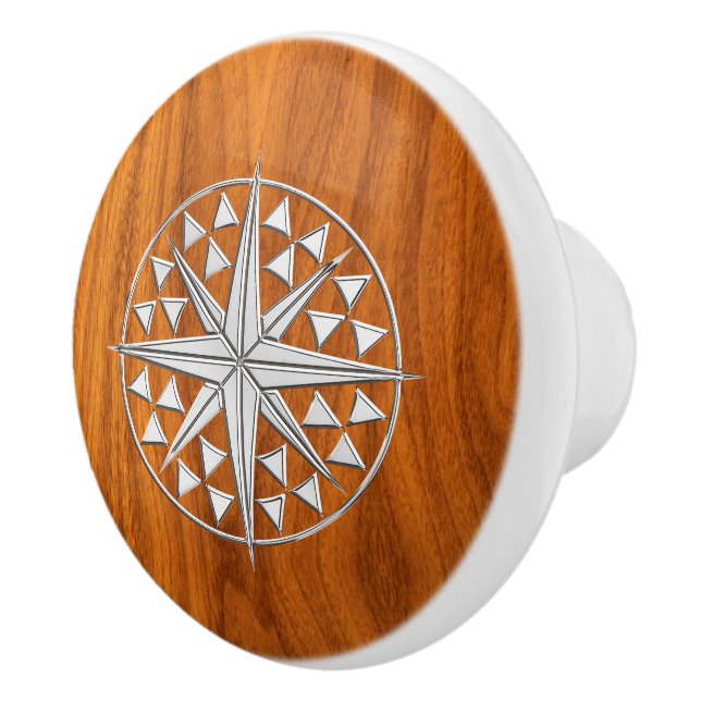 Chrome Compass on Nautical Teak Wood Grain Print Ceramic Knob (Right)