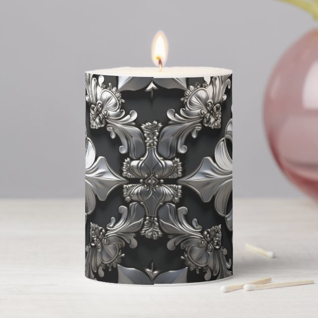 Chrome Cross Design Pillar Candle (In Situ)