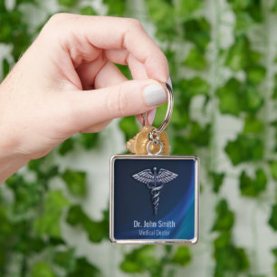 Chrome Dark Holographic 3D Medical Caduceus Keychain