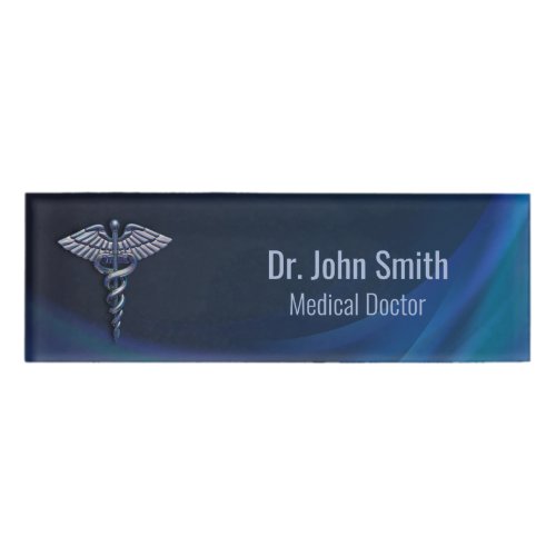 Chrome Dark Holographic 3D Medical Caduceus Name Tag