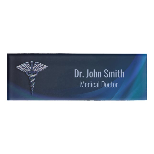 Chrome Dark Holographic 3D Medical Caduceus Name Tag (Front)