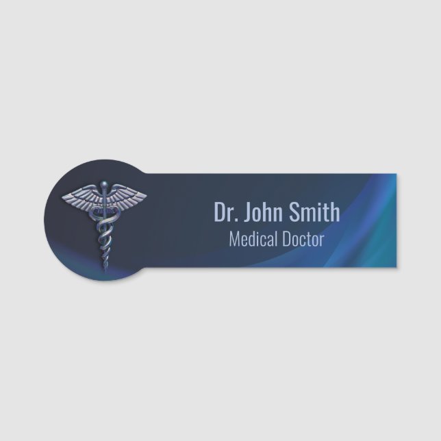 Chrome Dark Holographic Caduceus 3D Medical Name Tag (Front)
