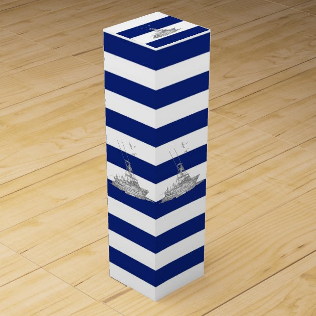 Chrome Deep Sea Fishing Boat on Navy Stripes Wine Box (Front)