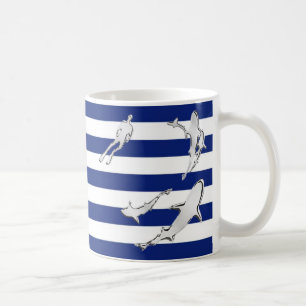 Chrome Diver and Sharks Silhouettes on Stripes Coffee Mug