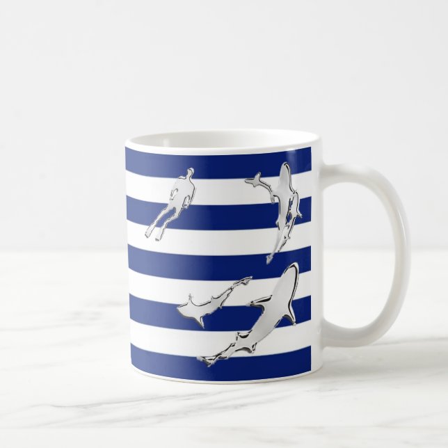 Chrome Diver and Sharks Silhouettes on Stripes Coffee Mug (Right)