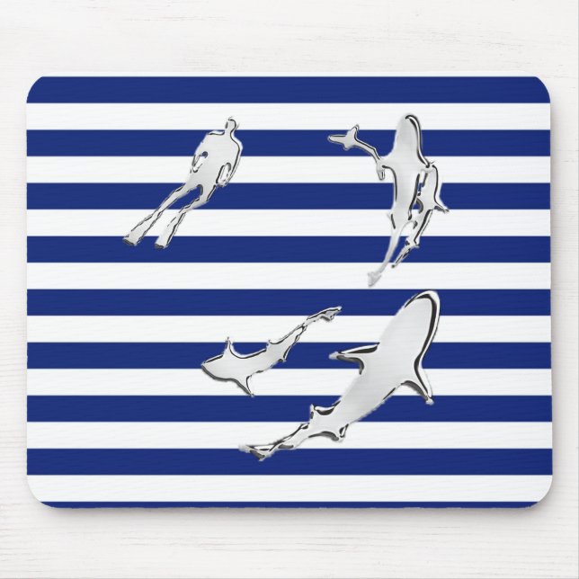 Chrome Diver and Sharks Silhouettes on Stripes Mouse Pad (Front)