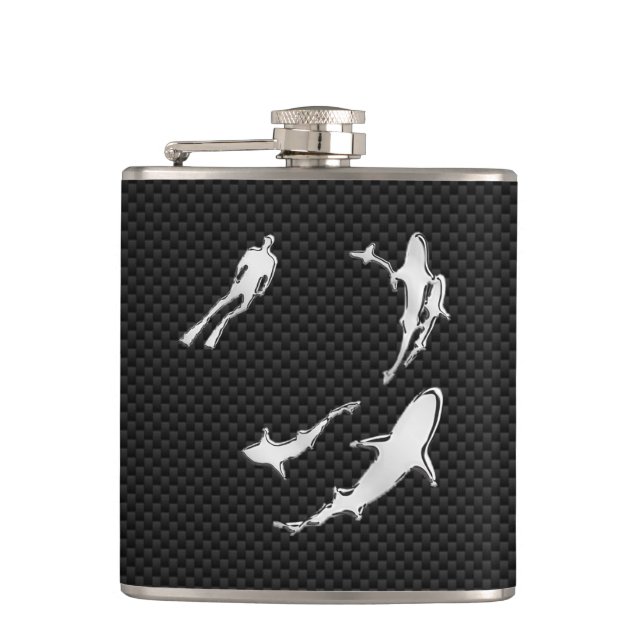 Chrome Diver n Sharks on Carbon Fiber Print Hip Flask (Front)