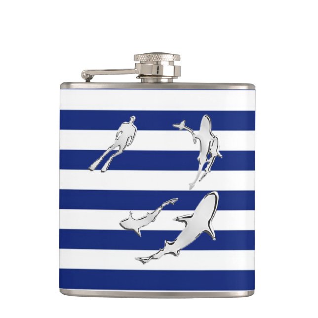 Chrome Diver n Sharks on Navy Stripes Flask (Front)