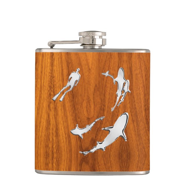 Chrome Diver n Sharks on Teak Print Flask (Front)