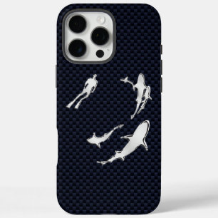 Chrome Diver with Sharks on Carbon Fiber iPhone 16 Pro Max Case