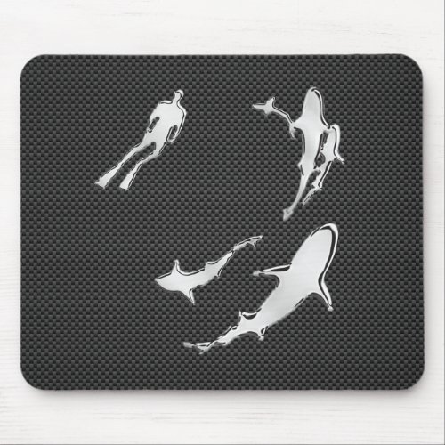 Chrome Diver with Sharks on Carbon Fiber Mouse Pad