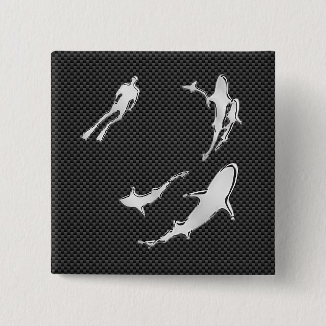 Chrome Diver with Sharks on Carbon Fiber Pinback Button (Front)