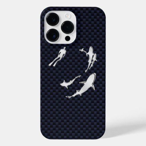 Chrome Diver with Sharks on Carbon Fiber Print iPhone 14 Pro Max Case