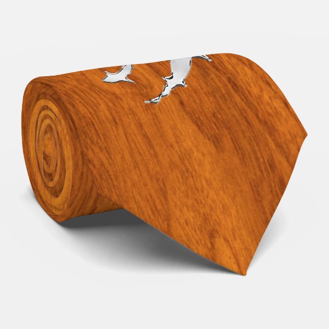 Chrome Diver with Sharks on Teak Veneer style Neck Tie (Rolled)
