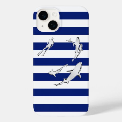 Chrome Diver with Sharks Print on Navy Stripes Case_Mate iPhone 14 Case