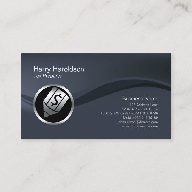 Chrome Dollar Pen Icon Tax Preparer Business Card (Front)