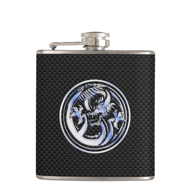 Chrome Dragon Crest black Carbon Fiber Print Flask (Front)