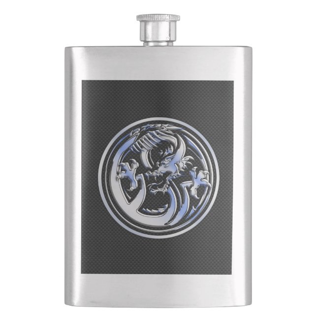 Chrome Dragon Crest black Carbon Fiber Print Flask (Front)