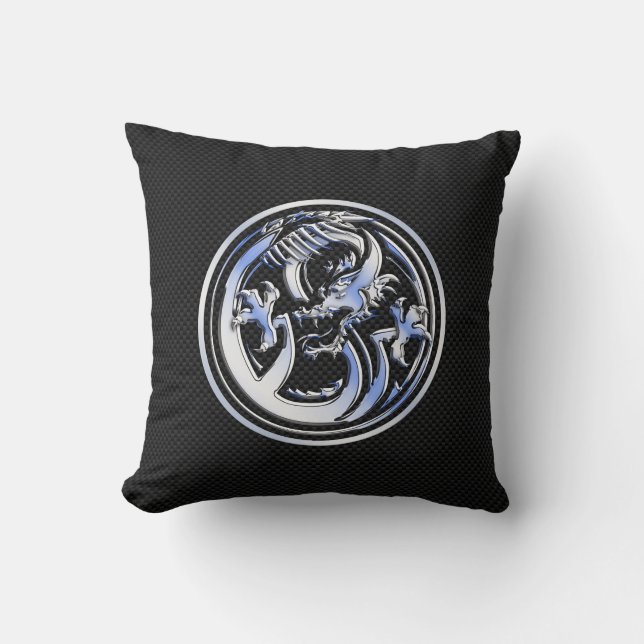 Chrome Dragon Crest black Carbon Fiber Print Throw Pillow (Front)