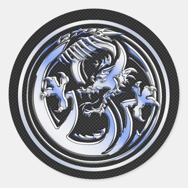 Chrome Dragon Crest dark Carbon Fiber Print Classic Round Sticker (Front)